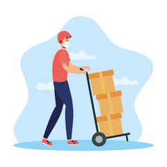delivery service worker using face mask with boxes in cart