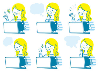 人物　パソコン　かわいい　若い女性　表情セット