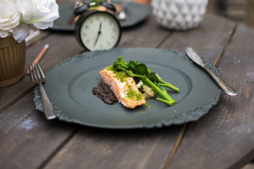 Salmon and asparagus restaurant dish