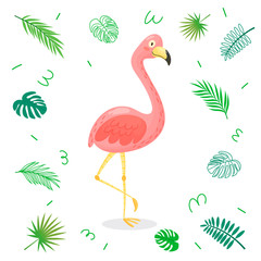 Cute cartoon flamingo with tropical leaves. Vector character illustration on white isolated background.