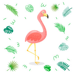 Obraz premium Cute cartoon flamingo with tropical leaves. Vector character illustration on white isolated background.
