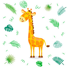 Fototapeta premium Cute cartoon giraffe with tropical leaves. Vector character illustration on white isolated background.