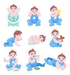 Little cute newborn baby boy. Happy baby drinks baby milk from bottle, plays with teddy bear, in bath with water, paints with felt-tip pens an album. Joyful child is sitting on the floor vector