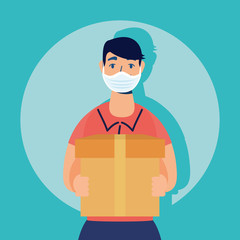 delivery service worker using face mask lifting box