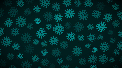 Background with symbols of virus in light blue colors. Illustration on the coronavirus pandemic.