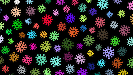 Fototapeta na wymiar Background with symbols of virus, multicolored on black. Illustration on the coronavirus pandemic.