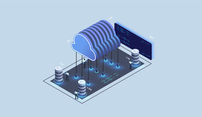 Modern cloud technology and networking concept. Cloud database, Futuristic server energy station. Data visualization concept. 3d isometric vector illustration.