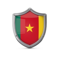 Cameroon security concept. Metal shield shape with national flag