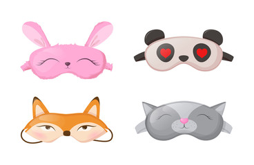 Sleep masks different shapes. Masks for good sound sleep in form of animals foxes cat bear rabbit. Eye protection accessories and prevention of healthy sleep vector illustration