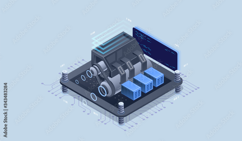 Poster Web engine, programming tools. Software development. Technology visualization. Vector isometric illustration.
