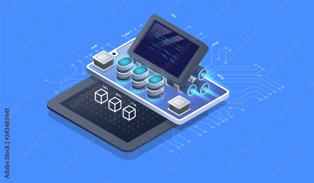 Poster Web engine, programming tools. Software development. Technology visualization. Vector isometric illustration.