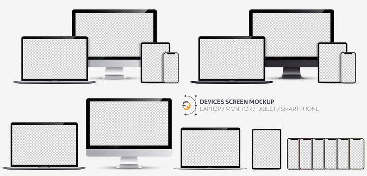 Device screens mockup. Laptop pro and thin, tablet and smartphone silver and dark gray colors with blank screens for you design. Realistic vector illustration.