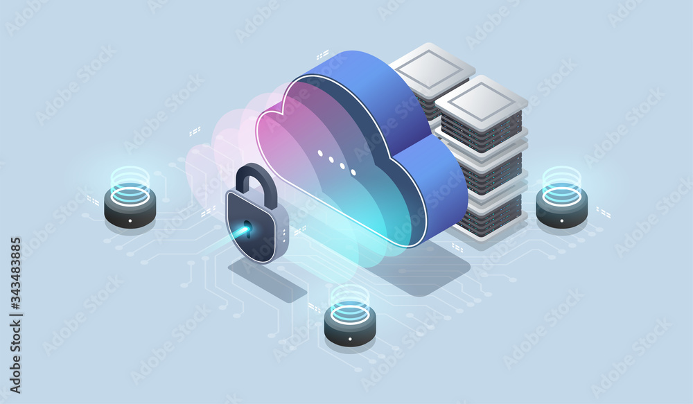 Poster modern cloud technology and networking concept. cloud database, futuristic server energy station. da