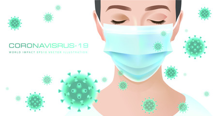 Coronavirus world impact illustration. Doctor face with surgical mask on.