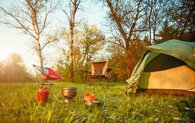 Camping in the forest on a beautiful meadow in spring.