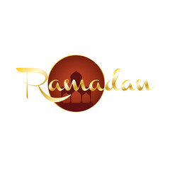 golden mosque and ramadan kareem lettering