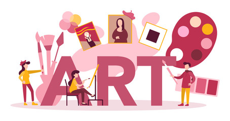 Art typographic header concept. Male and female artist standing