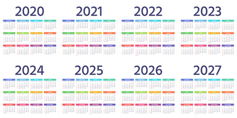 Fototapete Calendar 2021 2022 2023 2024 2025 2026 2020 Years Vector Illustration Simple Template Maradaisy