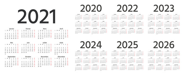 French Calendar 2021, 2022, 2023, 2024, 2025, 2026, 2020 years. Vector. Week starts Monday. France calender template. Yearly stationery organizer. Minimal design. Simple illustration, french language.
