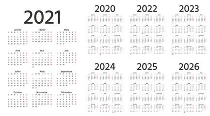 French Calendar 2021, 2022, 2023, 2024, 2025, 2026, 2020 years. Week starts Monday. Vector. France calender template. Yearly stationery organizer. Vertical, portrait orientation. Simple illustration.