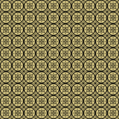 Seamless Ornamental Pattern with Geometric Circles and Squares, Black and Gold, Cement Tiles - Vector Illustration, Scalable, Customizable, Repeatable