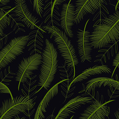 Seamless pattern with tropical leaves. Texture with green palm branches. Palm leaves on a black background. Vector illustration. Flat style. Fashion, interior, web design, paper, packaging, print