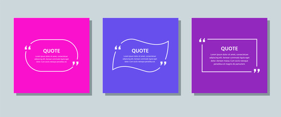 Quote frame box. Vector. Quotations text template. Info comments and messages in textboxes on color background. Colorful illustration. Set of citation with white border. Modern design. Simple concept.