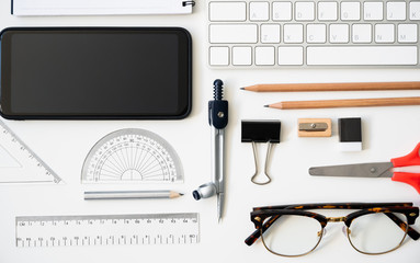 Top view table desk of office architect pencil, compasses tool, ruler, rubber, protractor grid,...
