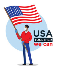 African american man with USA flag encouraging people against corona virus	