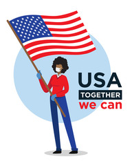 African american woman with USA flag encouraging people against corona virus	