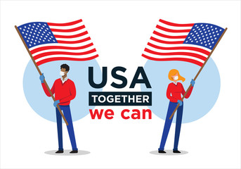 African american man and caucasic woman with USA flag encouraging people against corona virus	