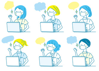 マスク　パソコン　ガッツポーズ　若い女性　白衣　人物セット　単色