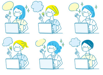 マスク　パソコン　驚く　若い女性　白衣　人物セット　単色