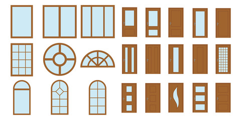 Windows and doors. Set of brown windows and doors isolated on a white background. Vector, cartoon illustration.