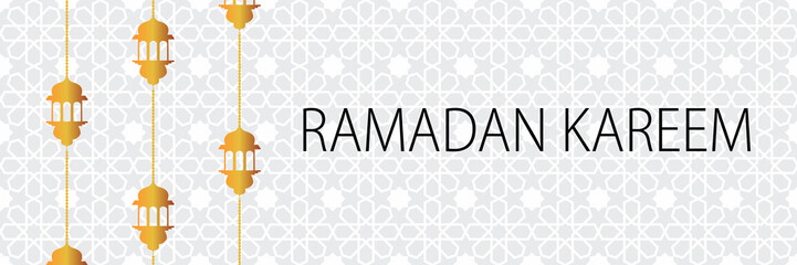 Ramadan Kareem, Eid Mubarak greeting concept vector long horizontal  banner background design with lantern