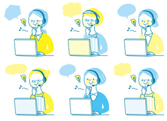 パソコン　ひらめく　シニア女性　エプロン　表情セット	単色