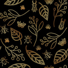 Seamless pattern with gold insects and leaves on a black background