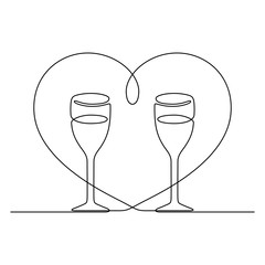 Continuous line drawing. Two wine glasses and heart. Love. Black isolated on white background. Hand drawn vector illustration. 