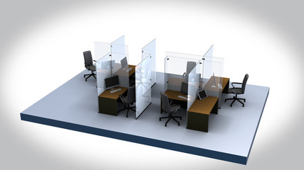 social distancing in the office many tables - 3D graphic animation on a white background