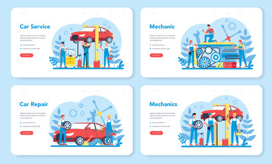 Fototapeta premium Car service web banner or landing page set. People repair car using