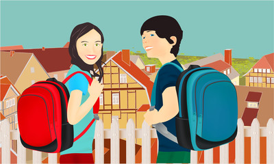 Illustration with different isometric houses. Collection of houses, buildings with a schoolboy and schoolgirl