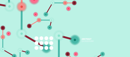 Flat style geometric abstract background, round dots or circle connections on color background. Technology network concept.