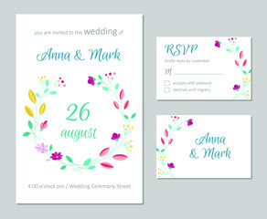Vector wedding floral invitation. Rsvp card design set. Invitation card with floral summer pattern