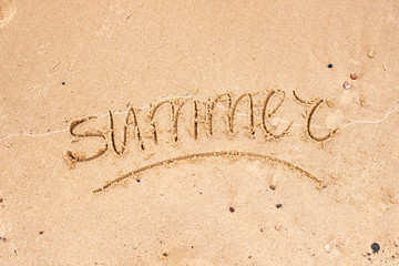 Hand written typography lettering Summer on golden sand. Drawing in sand for Happy Vacation,...
