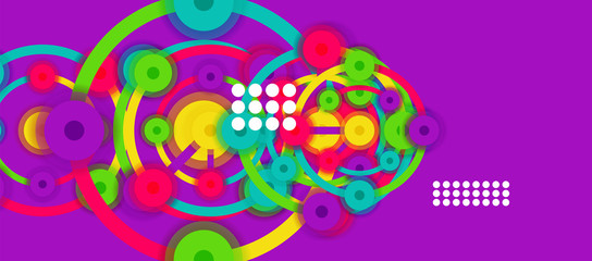 Flat style geometric abstract background, round dots or circle connections on color background. Technology network concept.