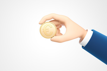 Cartoon hand in blue suit holding euro dollar coin over white background. Concept of donation and investment.