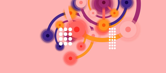 Flat style geometric abstract background, round dots or circle connections on color background. Technology network concept.