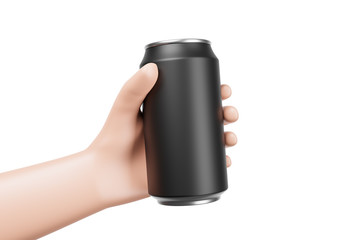 Cartoon hand holding black aluminum can with beverage drink isolated over white background. Blank mock up.