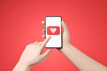 Cartoon hand holding smartphone and push social network like notification on the screen over red background.