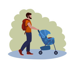 Man Walks With A Stroller In The Park vector illustration from family collection. Flat cartoon illustration isolated on white